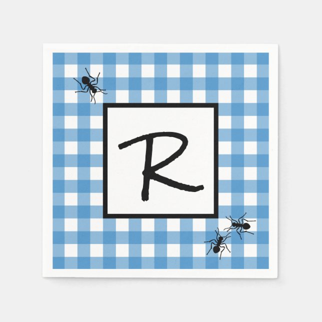 Classic Blue White Gingham Ants BBQ Picnic Napkins (Front)