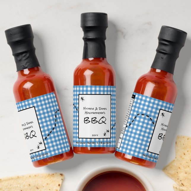 Classic Blue White Gingham Ants BBQ Picnic Party Hot Sauces (Laydown)