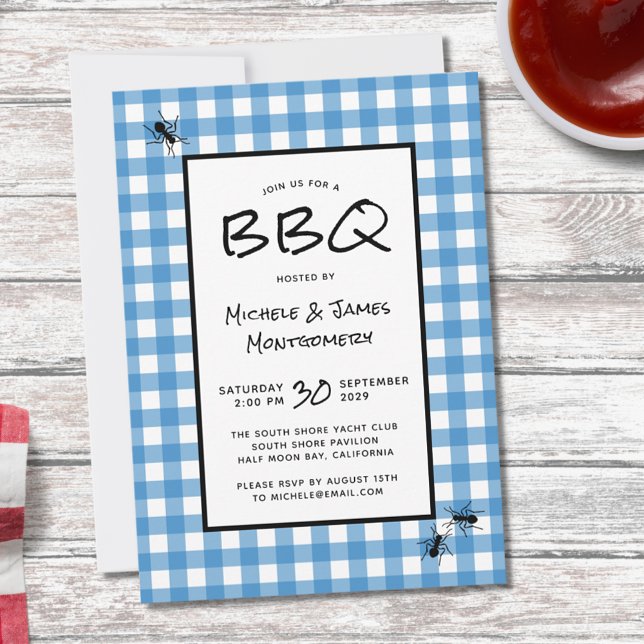 Classic Blue White Gingham Ants BBQ Picnic Party Invitation (Creator Uploaded)