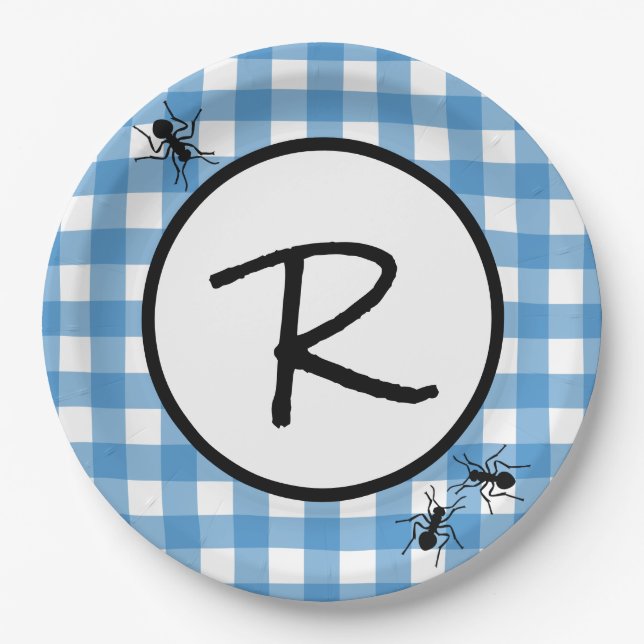Classic Blue White Gingham Ants BBQ Picnic Party Paper Plates (Front)
