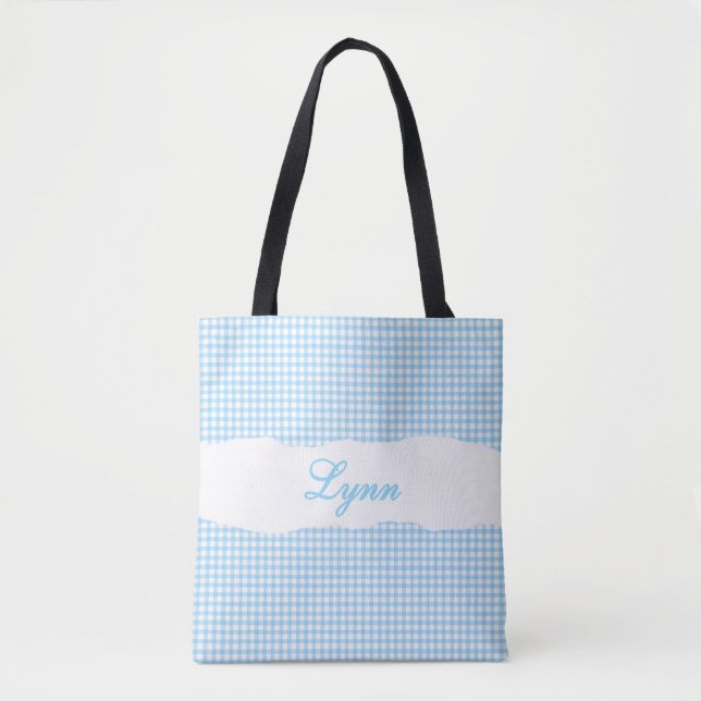 Classic Blue & White Gingham | Personalized Name Tote Bag (Front)