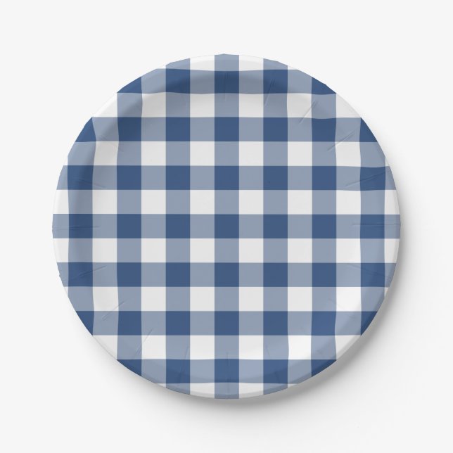Classic Blue White Gingham Plaid Pattern Paper Plates (Front)