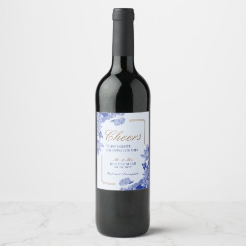 Classic Blue White Gold Floral Chinoiserie Wedding Wine Label