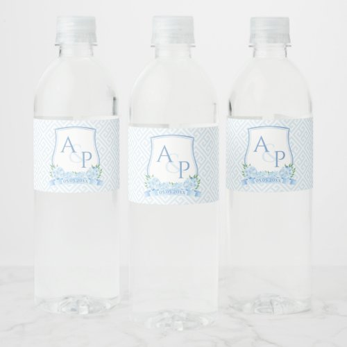Classic Blue White Hydrangea Wedding Crest Party Water Bottle Label