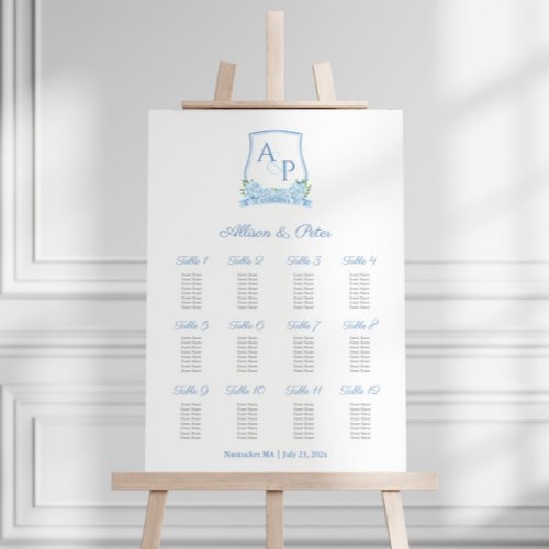 Classic Blue White Hydrangea Wedding Seating Chart Foam Board