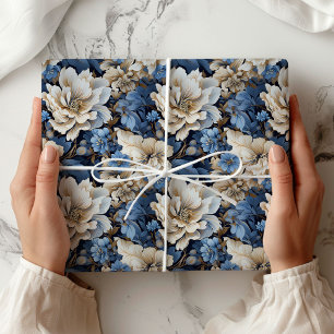 Classic Blue White Ivory Floral Gift Wrapping Paper