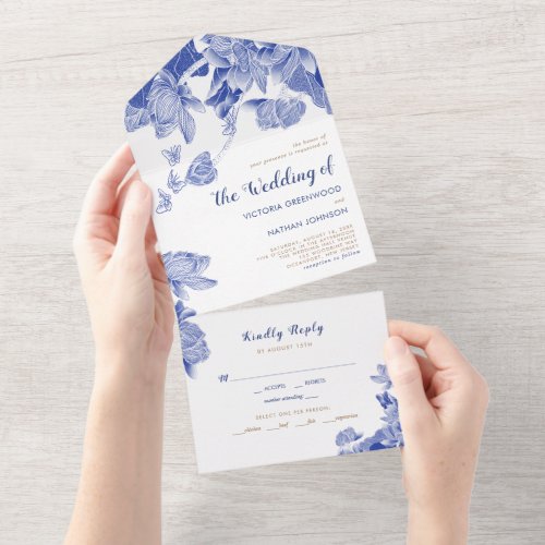 Classic Blue  White Lotus Floral Chinoiserie   All In One Invitation