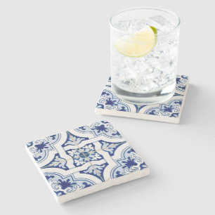 Classic Blue & White Mediterranean Tile Look Stone Coaster