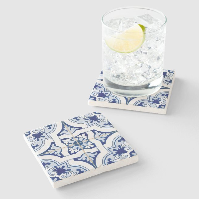Classic Blue & White Mediterranean Tile Look Stone Coaster (Side)