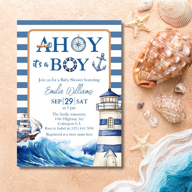 Classic Blue White Nautical Sailboat Baby Shower Invitation (Creator Uploaded)