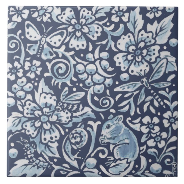Classic Blue White Ornate Animal Forest Floral Art Ceramic Tile (Front)
