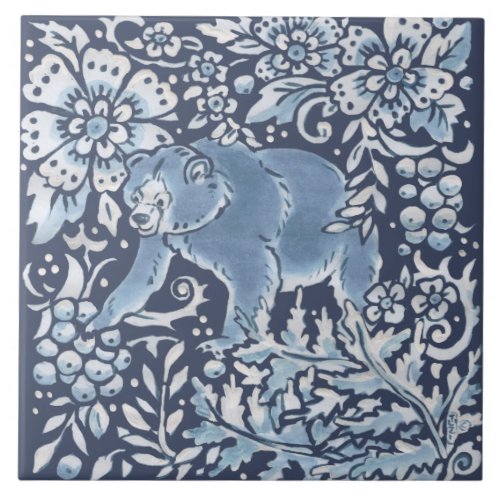 Classic Blue White Ornate Bear Forest Floral Art Ceramic Tile