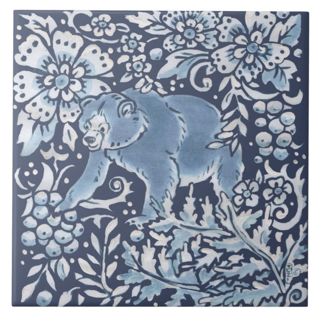 Classic Blue White Ornate Bear Forest Floral Art Ceramic Tile (Front)