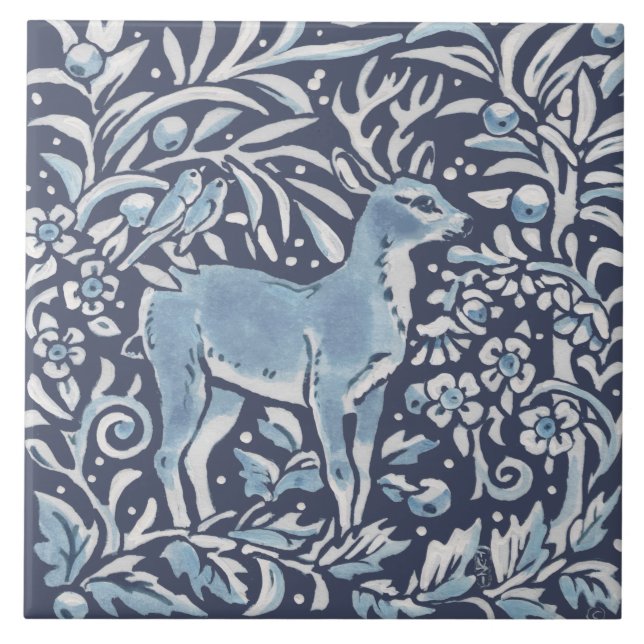Classic Blue White Ornate Deer Forest Birds Art Ceramic Tile (Front)