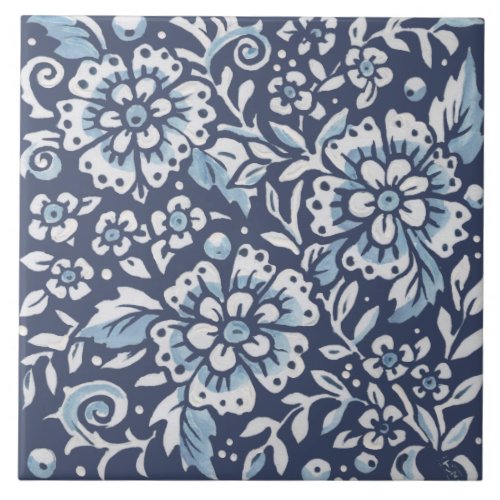 Classic Blue White Ornate Flowers Floral Art Ceramic Tile