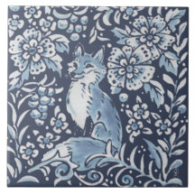 Classic Blue White Ornate Fox Forest Floral Art