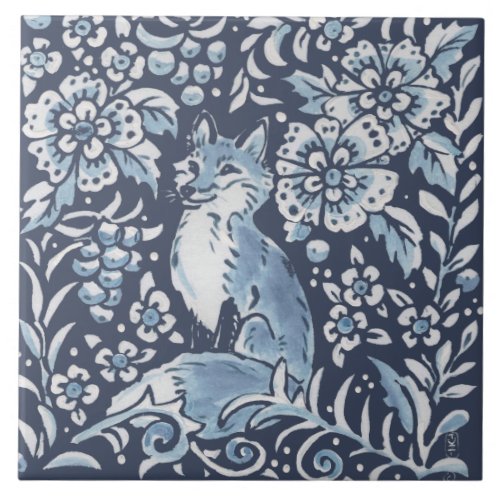 Classic Blue White Ornate Fox Forest Floral Art Ceramic Tile