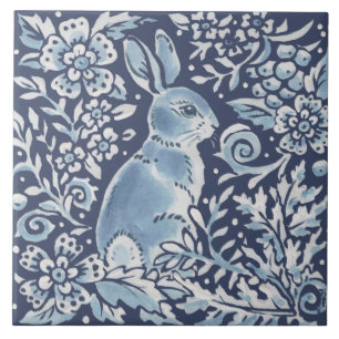 Classic Blue White Ornate Rabbit Fern Floral Art Ceramic Tile
