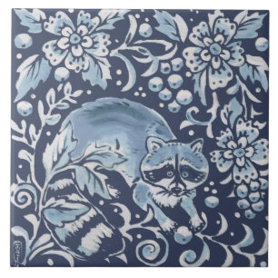 Classic Blue White Ornate Raccoon Forest Floral Ceramic Tile