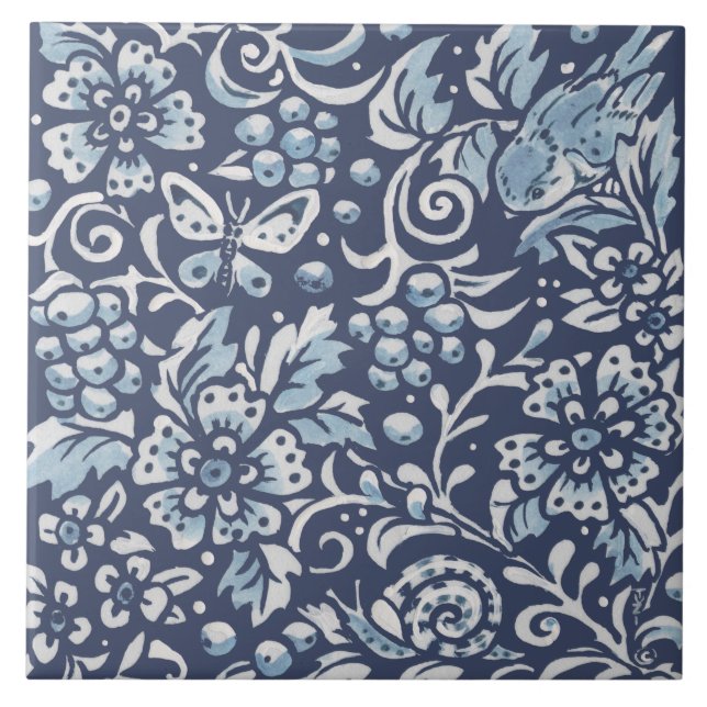 Classic Blue White Ornate Snail Bird Forest Floral Ceramic Tile (Front)