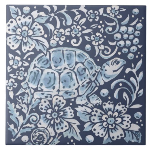 Classic Blue White Ornate Turtle Forest Floral Art Ceramic Tile