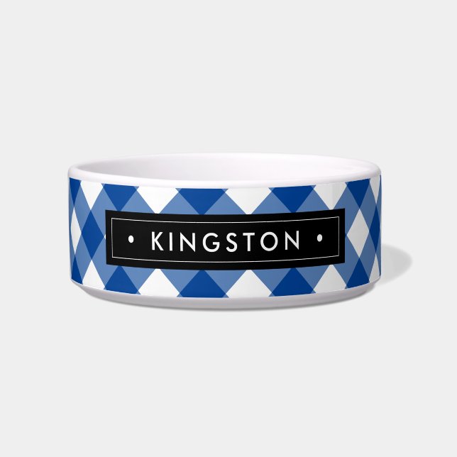 Classic Blue White Plaid | Personalized Pet Name  Bowl (Front)
