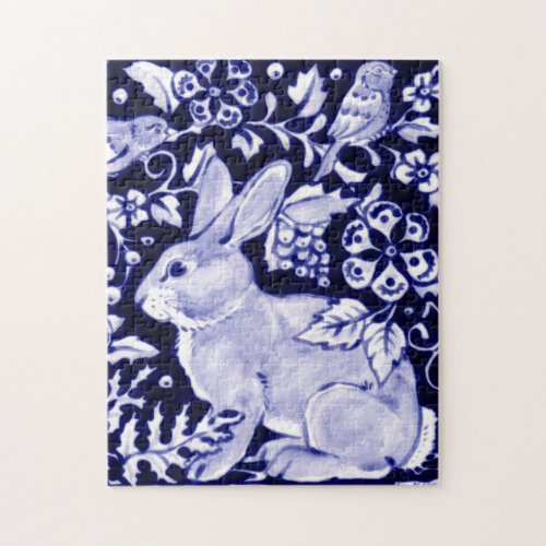 Classic Blue  White Rabbit  Birds Animal Floral Jigsaw Puzzle