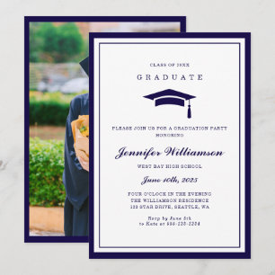 Classic Blue & White Script Graduation Photo Invitation
