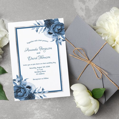 Classic blue white silver florals wedding invitation