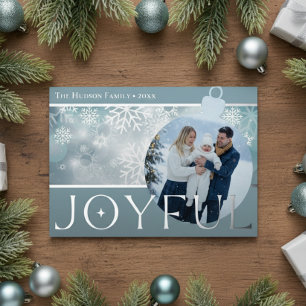 Classic Blue White Snowflake Joyful Bulb Photo Foil Holiday Card