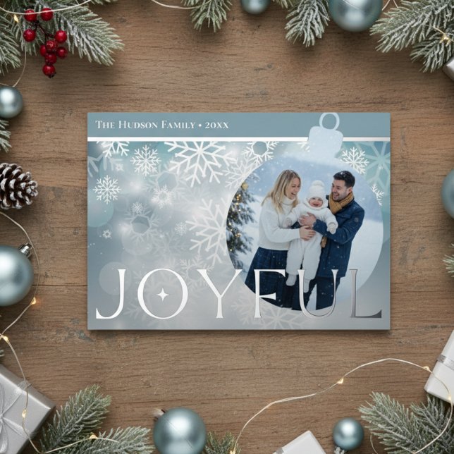 Classic Blue White Snowflake Joyful Bulb Photo Foil Holiday Card (Creator Uploaded)