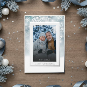 Classic Blue White Snowflake Merry Christmas Photo Foil Holiday Card