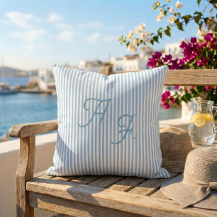 Classic Blue White Stripe Coastal Monogram Throw Pillow