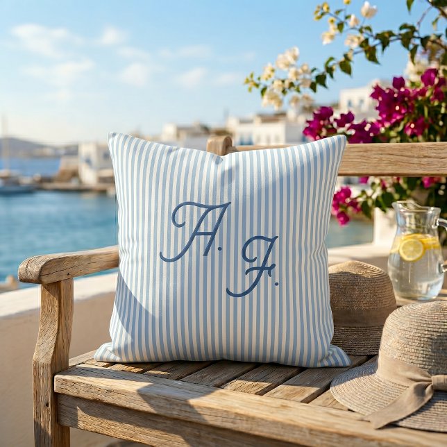 Classic Blue White Stripe Coastal Monogram Throw Pillow (Creator Uploaded)