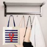 Classic blue white stripes red lobster name tote bag<br><div class="desc">Classic nautical summer theme with blue and white stripes and a red lobster. Personalize and add Your name,  red letters.  A market tote for your summer cooking.</div>