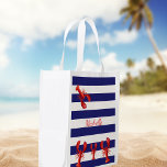 Classic blue white stripes red lobsters name grocery bag<br><div class="desc">Classic nautical summer theme with blue and white stripes and red lobsters. Personalize and add Your name,  red letters.  A market tote for your summer cooking.</div>