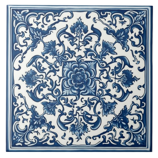 Classic Blue & White Tile, Floral, Chinese Art Ceramic Tile (Front)