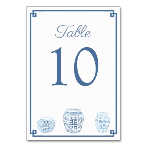Classic Blue White Watercolor Ginger Jar Wedding Table Number