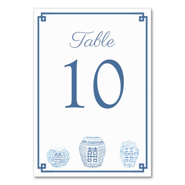 Classic Blue White Watercolor Ginger Jar Wedding Table Number (Front)