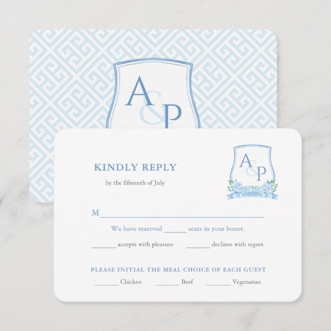 Classic Blue White Wedding Crest Meal Choice RSVP Enclosure Card (Front/Back)