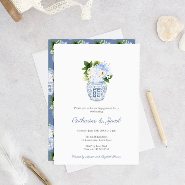 Classic Blue White Wedding Ginger Jar Engagement Invitation (Creator Uploaded)
