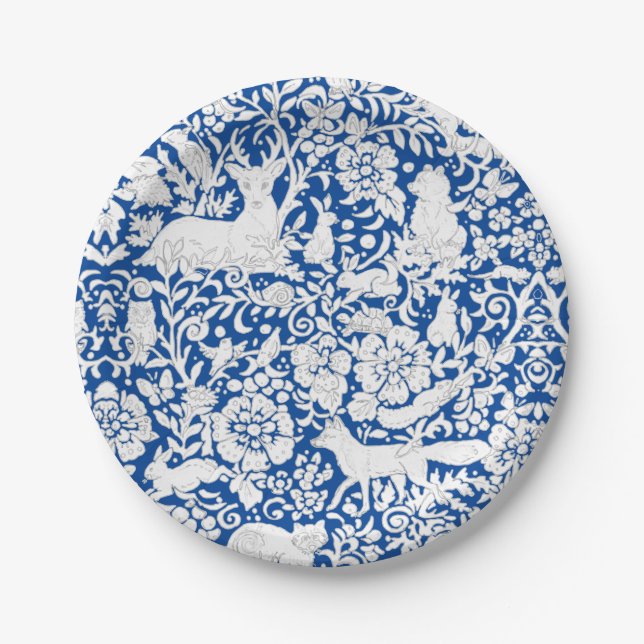 Classic Blue White Woodland Animals Fox Bunny Paper Plates (Front)
