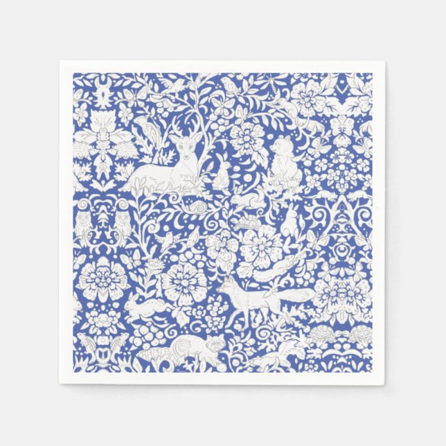 Classic Blue White Woodland Forest Animals Damask Napkins (Front)