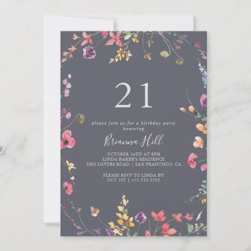 Classic Blue Wild Floral 21st Birthday Party  Invitation