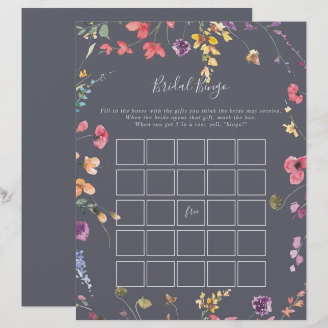 Classic Blue Wild Floral Bridal Bingo Game (Front/Back)
