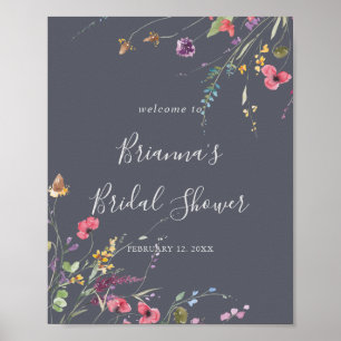 Classic Blue Wild Floral Bridal Shower Welcome Poster