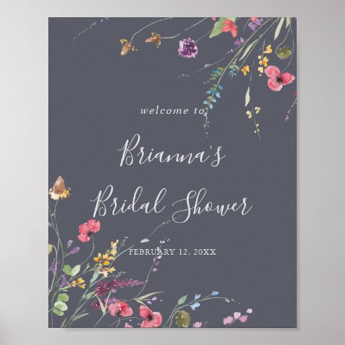 Classic Blue Wild Floral Bridal Shower Welcome   Poster