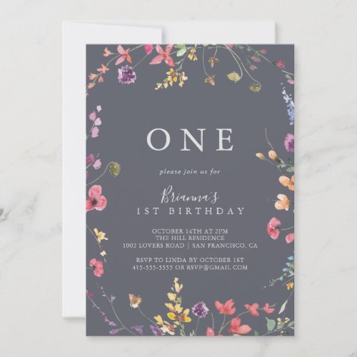 Classic Blue Wild Floral First Birthday Party Invitation