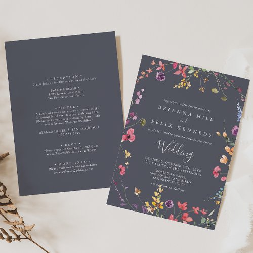 Classic Blue Wild Floral Front  Back Wedding  Invitation
