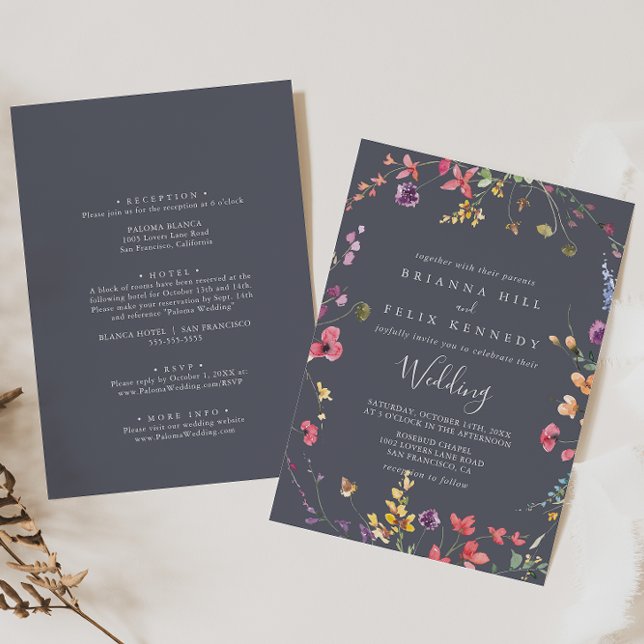 Classic Blue Wild Floral Front & Back Wedding  Invitation (Creator Uploaded)